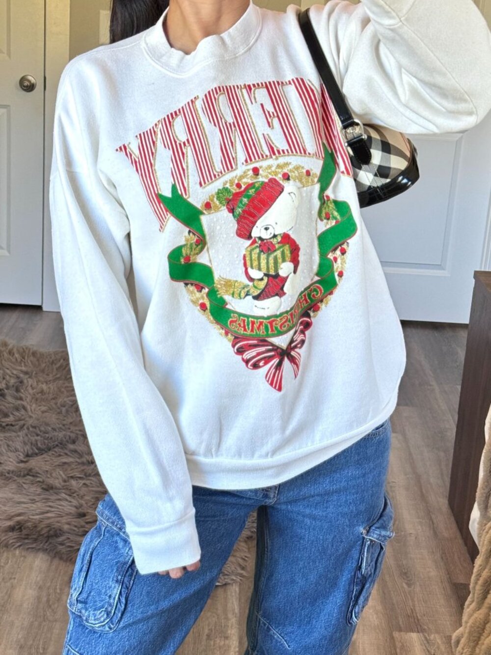 Vintage 90s Merry Christmas Teddy Bear Sweatshirt XL White Holiday Pullover USA